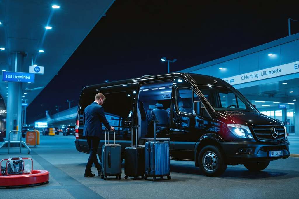 Vozač ukrcava kofere u putnički kombi ispred aerodromskog terminala